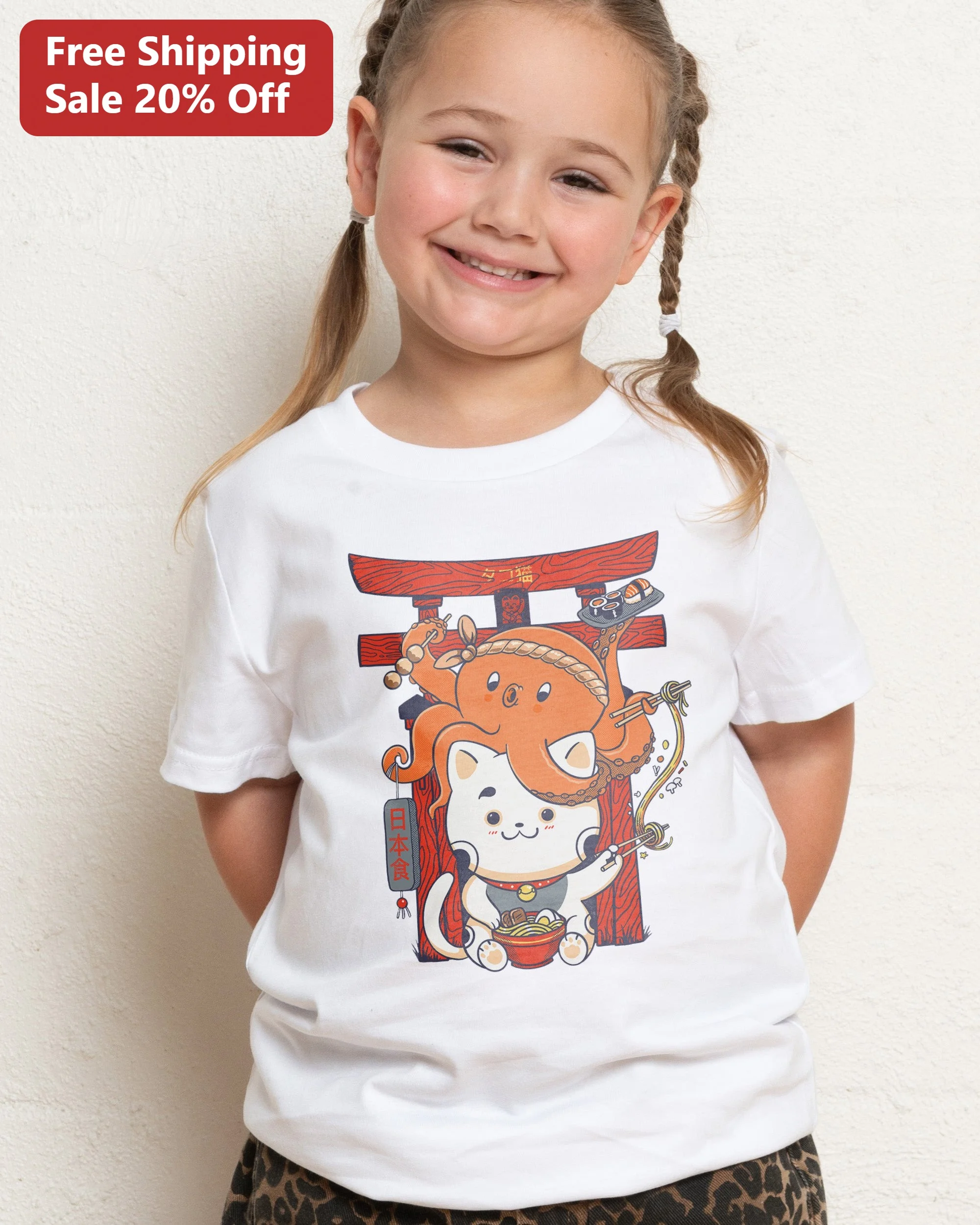 Cute Cat and Octopus Ramen Japan Kawaii Graphic Tee for Kids
