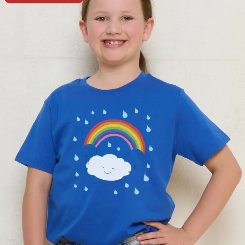 Cute Cloud and Rainbow Kids Tee Toddler Girl Boy Shirt Whimsical Weather Graphic Apparel on a hanger, ready to ship from Chicago, Illinois