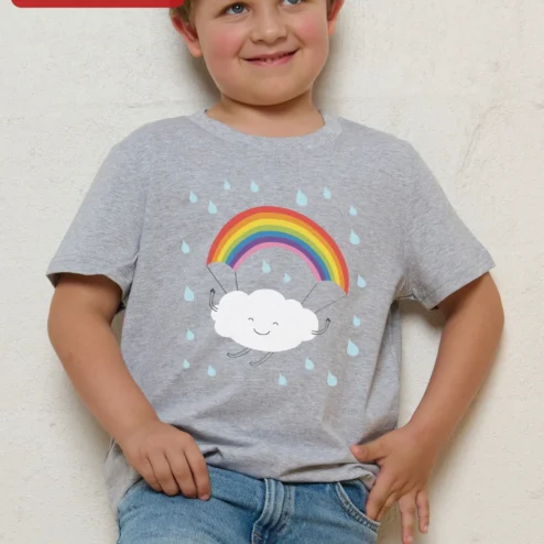 Customer in Chicago, Illinois wearing Cute Cloud and Rainbow Kids Tee Toddler Girl Boy Shirt Whimsical Weather Graphic Apparel