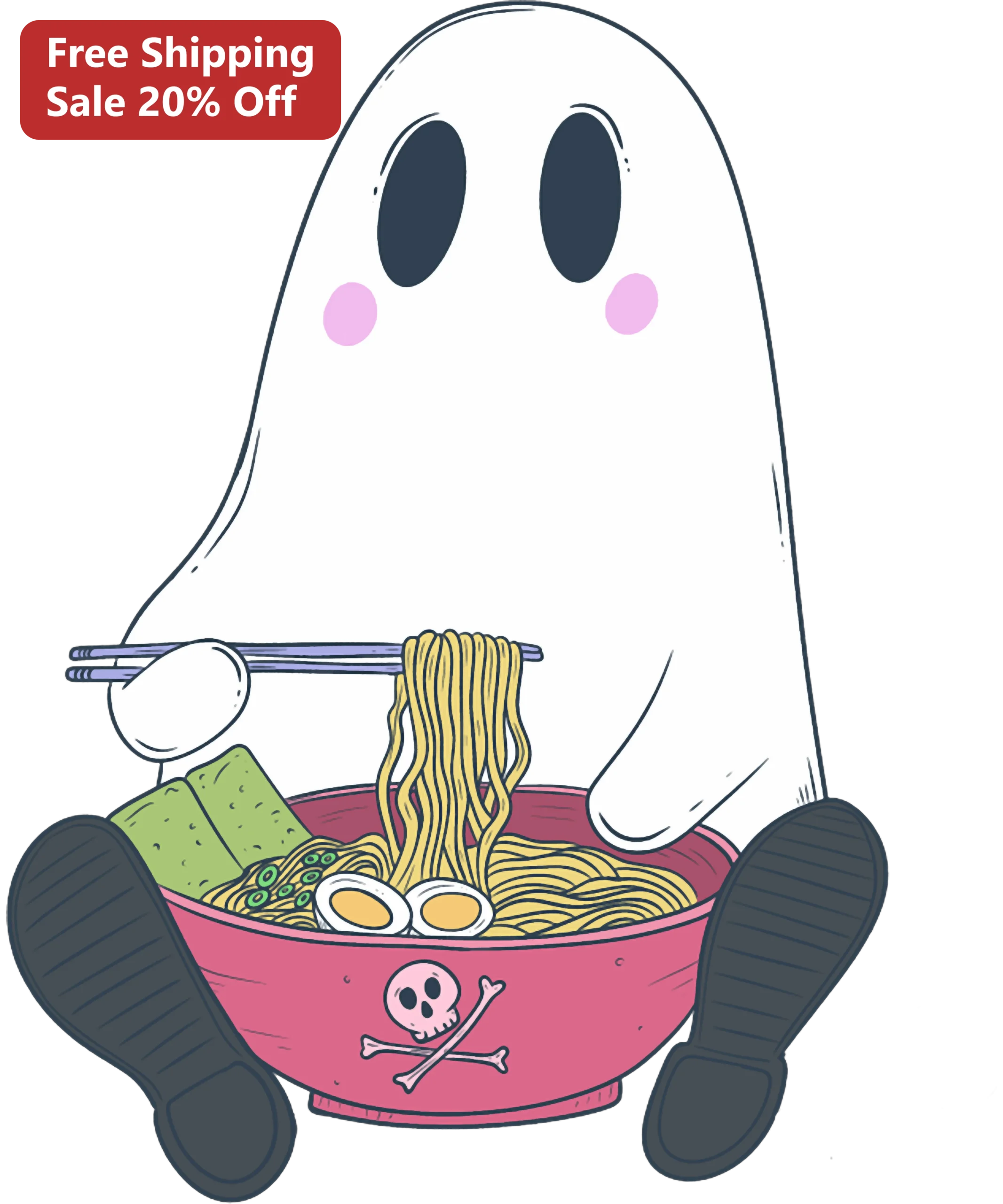 Cute Ghost Eating Ramen Tee Kawaii Anime Halloween Shirt Gift for Foodies