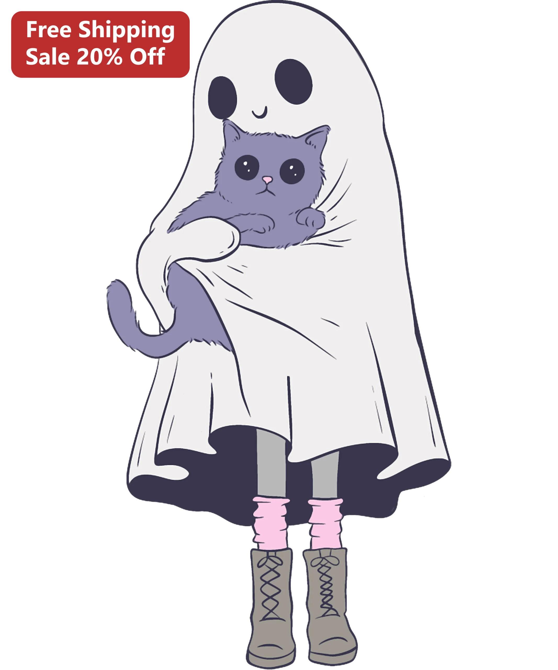 Cute Ghost Holding Kitten Halloween Sticker Spooky Cute Cat Lover Gift
