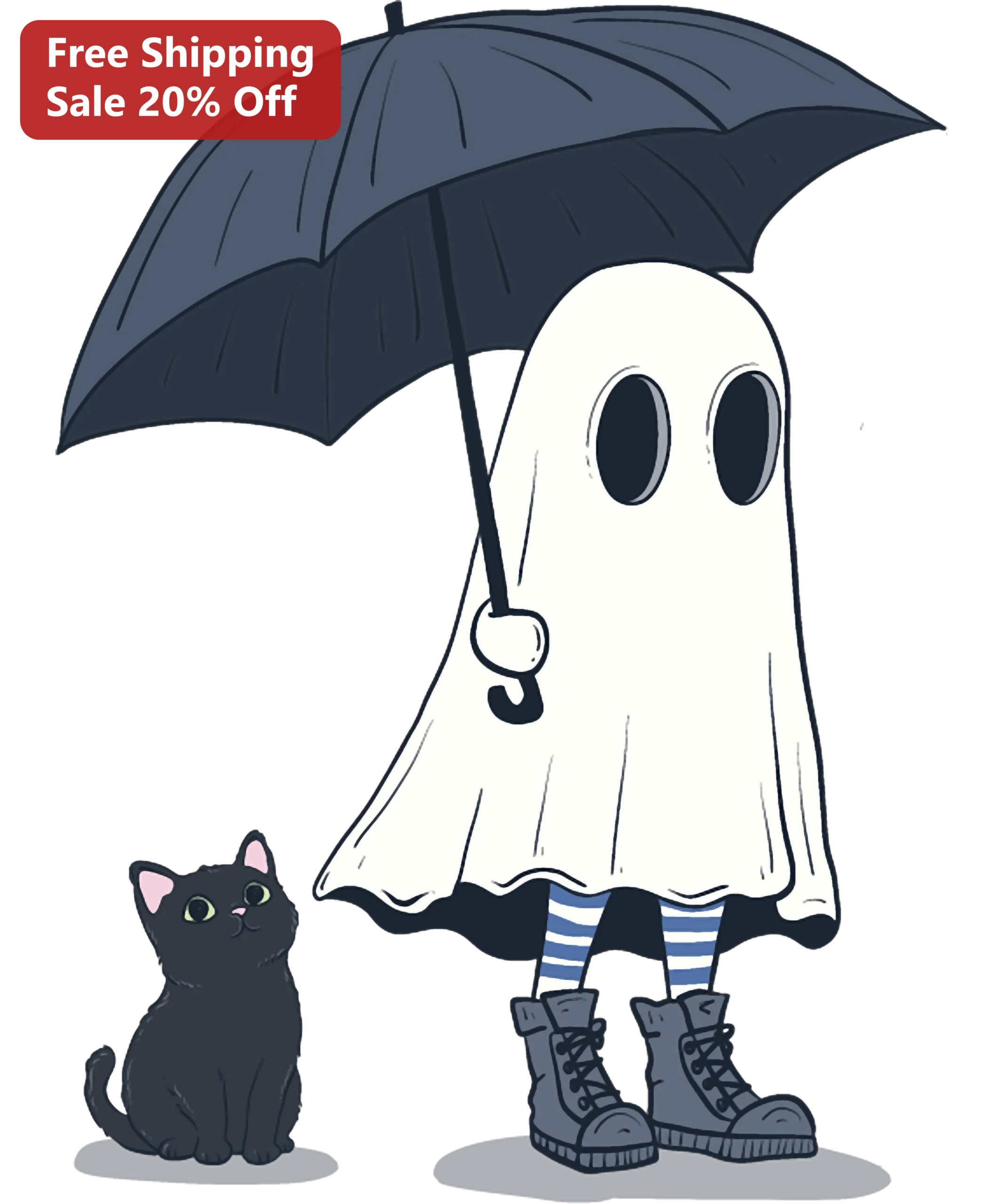 Cute Ghost with Umbrella and Black Cat Halloween Illustration Tee Spooky Kawaii Graphic Shirt for Women Men