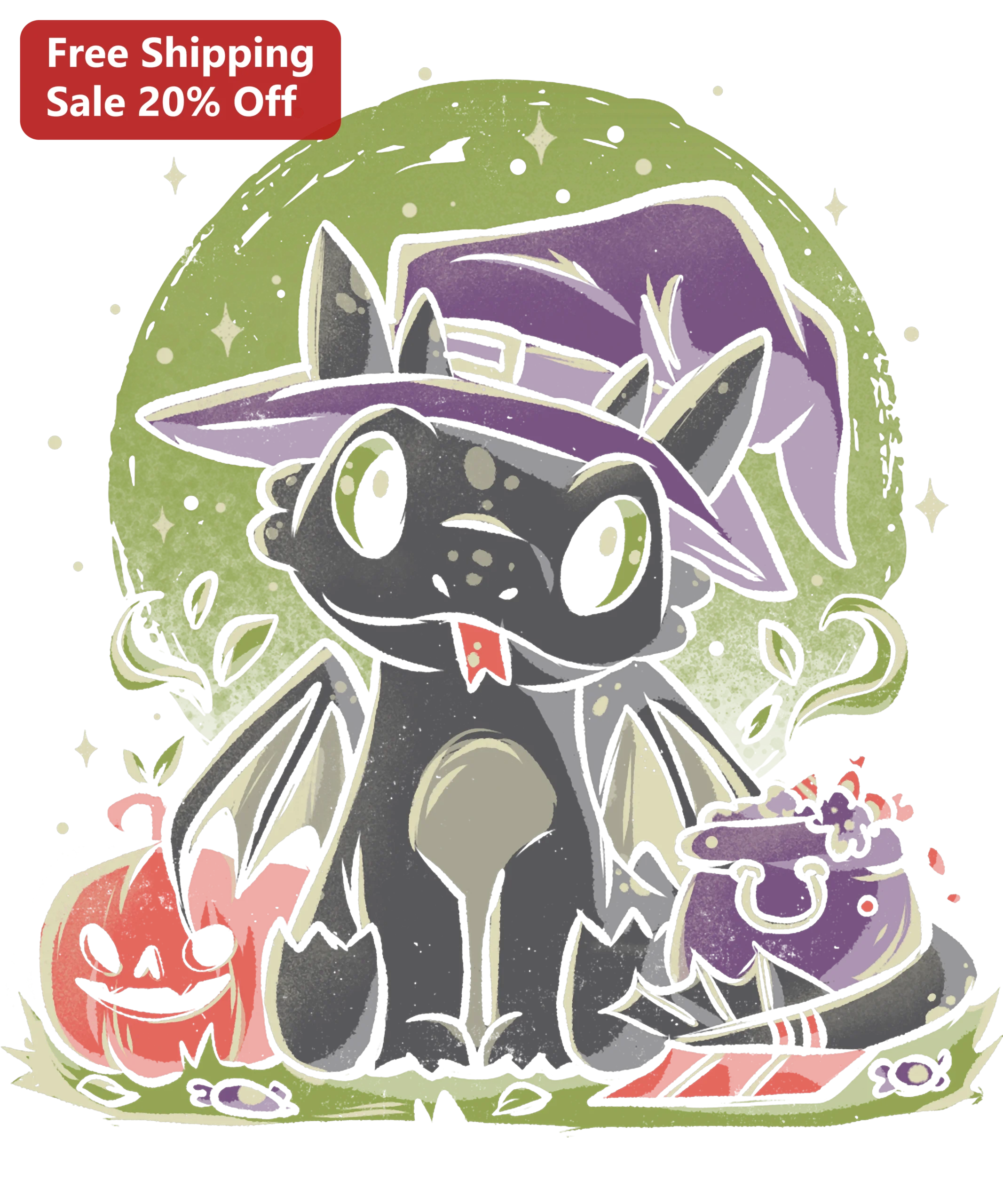 Cute Halloween Witch Dragon Tee Spooky Kawaii Chibi Black Dragon with Purple Hat Pumpkin Cauldron Fantasy Gift for Kids