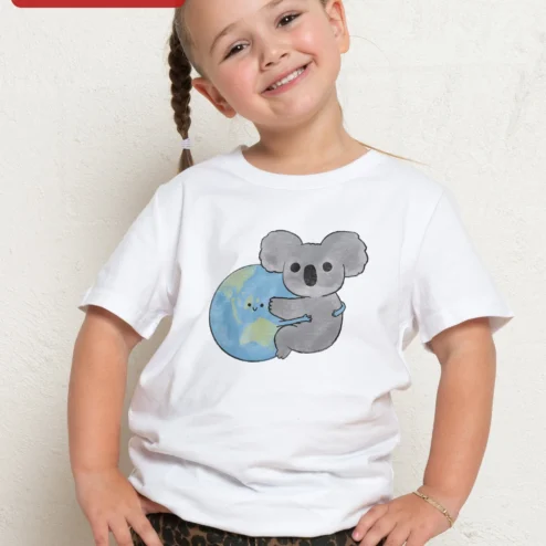 Cute Koala Hugging Earth Graphic Tee Kids Eco Friendly Animal Lover Shirt on a hanger, ready to ship from Chicago, Illinois