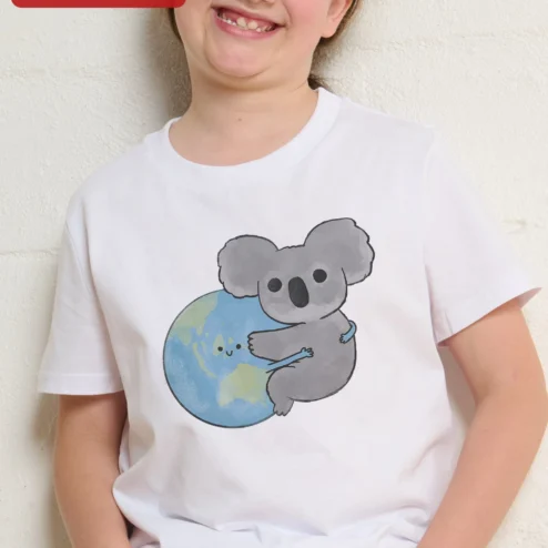 Cute Koala Hugging Earth Graphic Tee Kids Eco Friendly Animal Lover Shirt
