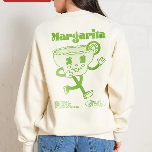 Cute Margarita Glass Character Sweatshirt Funny Drink Lover Gift for Women Retro Kawaii Novelty Crew on a hanger, ready to ship from Chicago, Illinois
