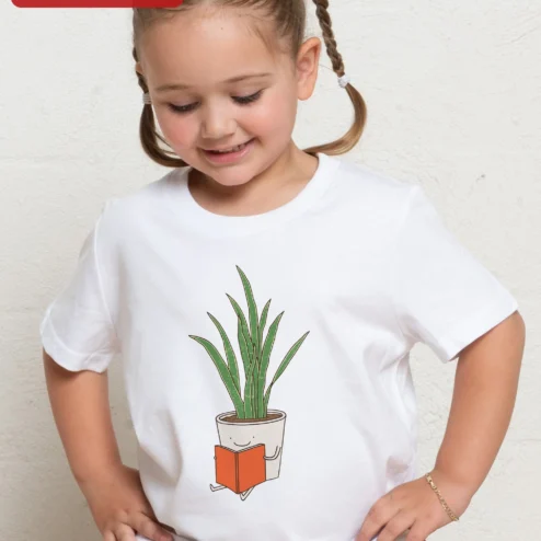 Cute Plant Reading Book Illustration Tee Kawaii Botanical Bookworm Gift for Kids Girls on a hanger, ready to ship from Chicago, Illinois