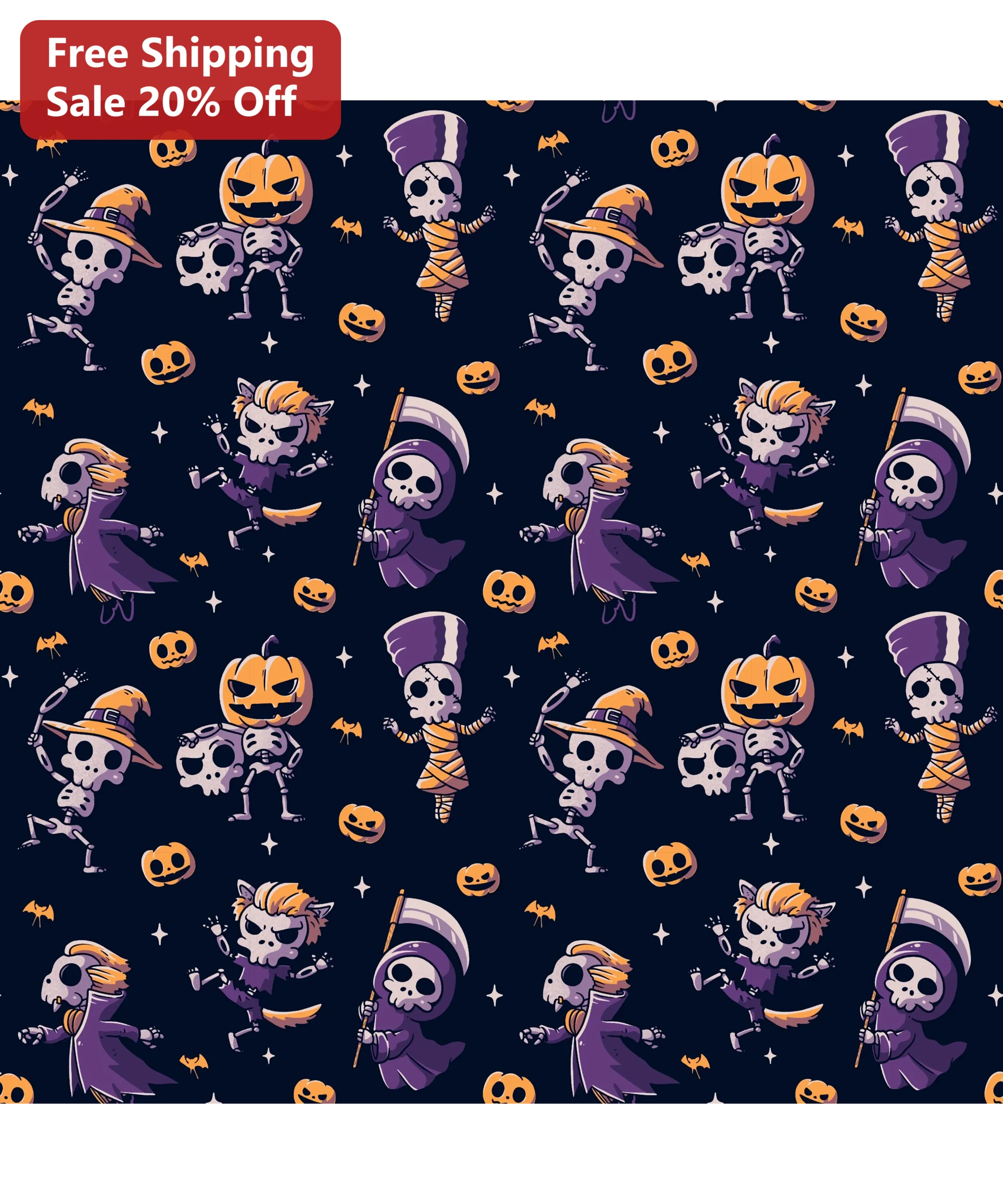 Cute Skeleton Halloween Seamless Pattern Fabric Kawaii Spooky Skulls Witch Vampire Pumpkin Quilting Cotton Sewing Material