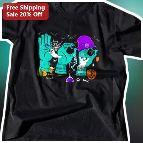 Cute Spooky Halloween Hands Ghost Tee Black Graphic Shirt for Adults
