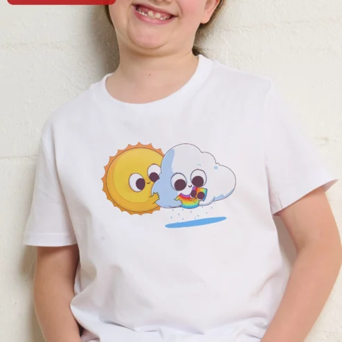 Cute Sun and Cloud Rainbow Cake Cartoon Kids Tee on a hanger, ready to ship from Chicago, Illinois