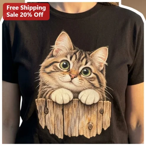Cute Tabby Kitten Peeking Over Wooden Fence Graphic Tee for Cat Lovers