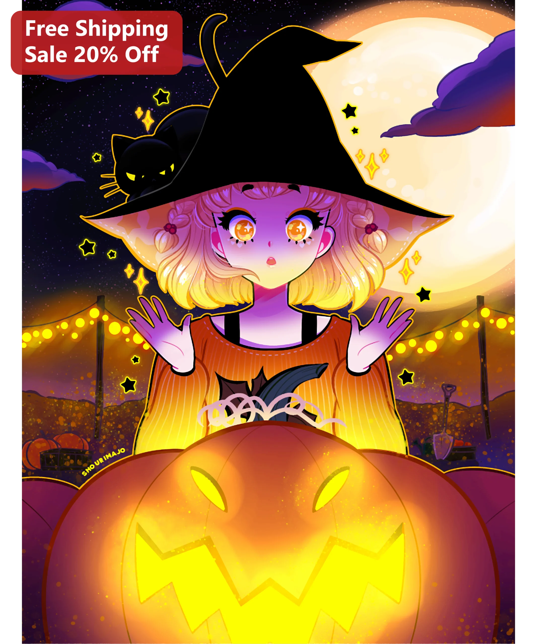 Cute Witch and Pumpkin Halloween Illustration Poster Kawaii Anime Art Print for Kids Room Decor