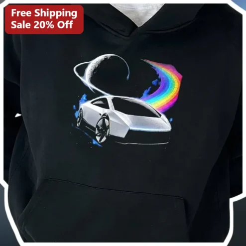 Cybertruck Space Rainbow Graphic Hoodie Tesla EV Sci-Fi Vaporwave Apparel