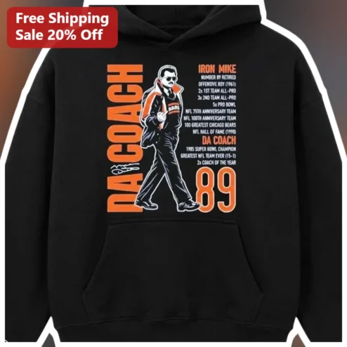 DA COACH IRON MIKE Hoodie Vintage Sports Typography Black Pullover for Chicago Bears Fans NFL History Enthusiasts
