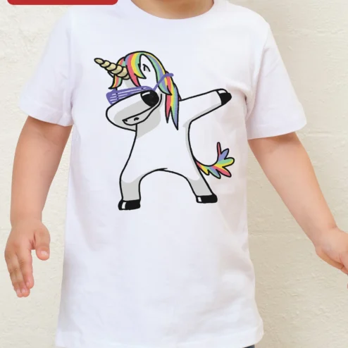Dabbing Unicorn Tee Funny Cartoon Rainbow Mane Graphic T-Shirt for Kids Teens Gamers on a hanger, ready to ship from Chicago, Illinois