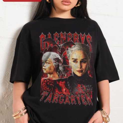 Daenerys Targaryen Game of Thrones Tee Mother of Dragons Distressed Vintage Graphic Shirt on a hanger, ready to ship from Chicago, Illinois