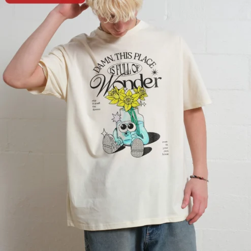 Damn This Place Is Full Of Wonder Stop And Smell The Flowers Tee Retro Cartoon Daffodil Graphic Shir on a hanger, ready to ship from Chicago, Illinois