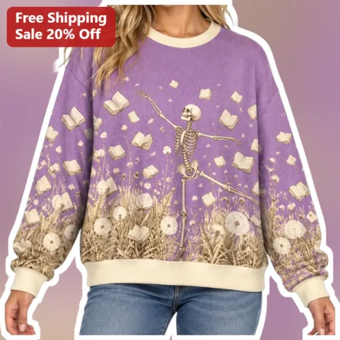Dancing Skeleton Book Lover Sweatshirt Gothic Literary Crewneck for Women Halloween Gift