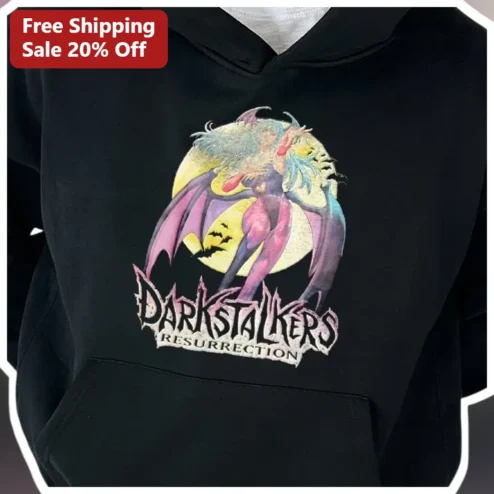 Darkstalkers Resurrection Hoodie Morrigan Aensland Retro Gaming Gothic Black Pullover