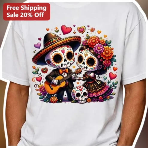 Day of the Dead Skeleton Couple Mariachi Tee Dia de los Muertos Gift for Couples available at our Chicago, Illinois warehouse