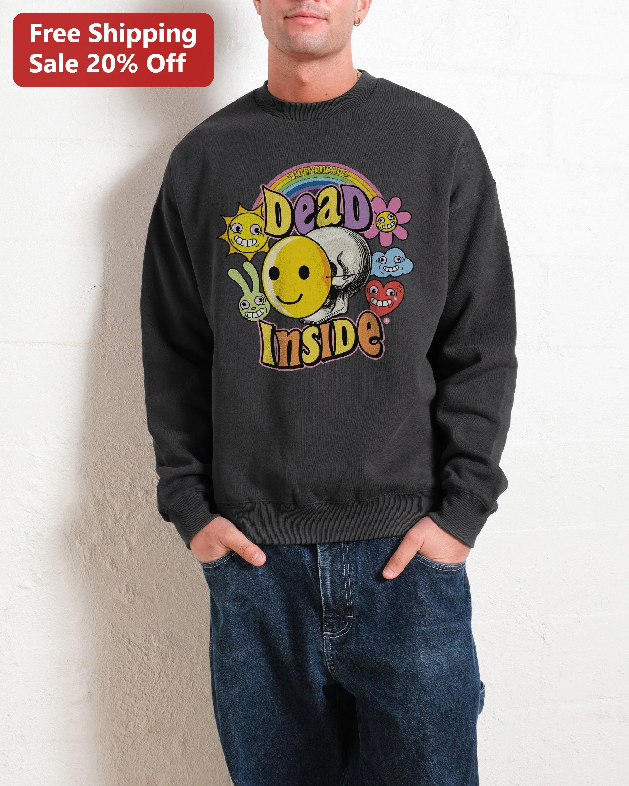 Dead Inside Skull Smiley Face Sweatshirt Y2K Grunge Aesthetic Crewneck for Men Women