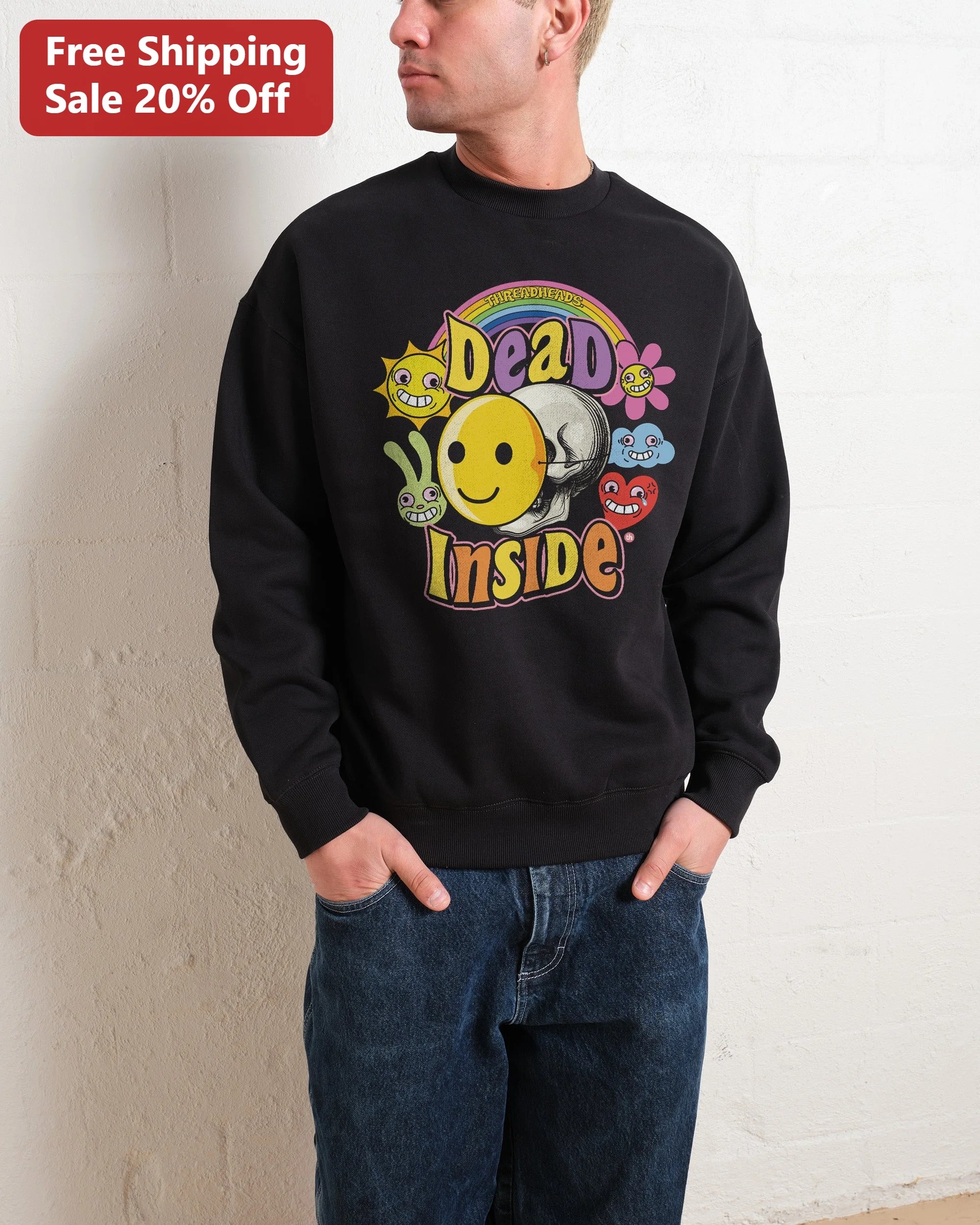 Dead Inside Sweatshirt Retro Y2k Smiley Skull Graphic Crewneck For Gen Z Men Women