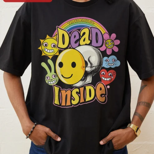 Dead Inside Tee Retro Skull Smiley Face Graphic T-Shirt Ironic Cute Core Y2K Aesthetic Gift for Men Women