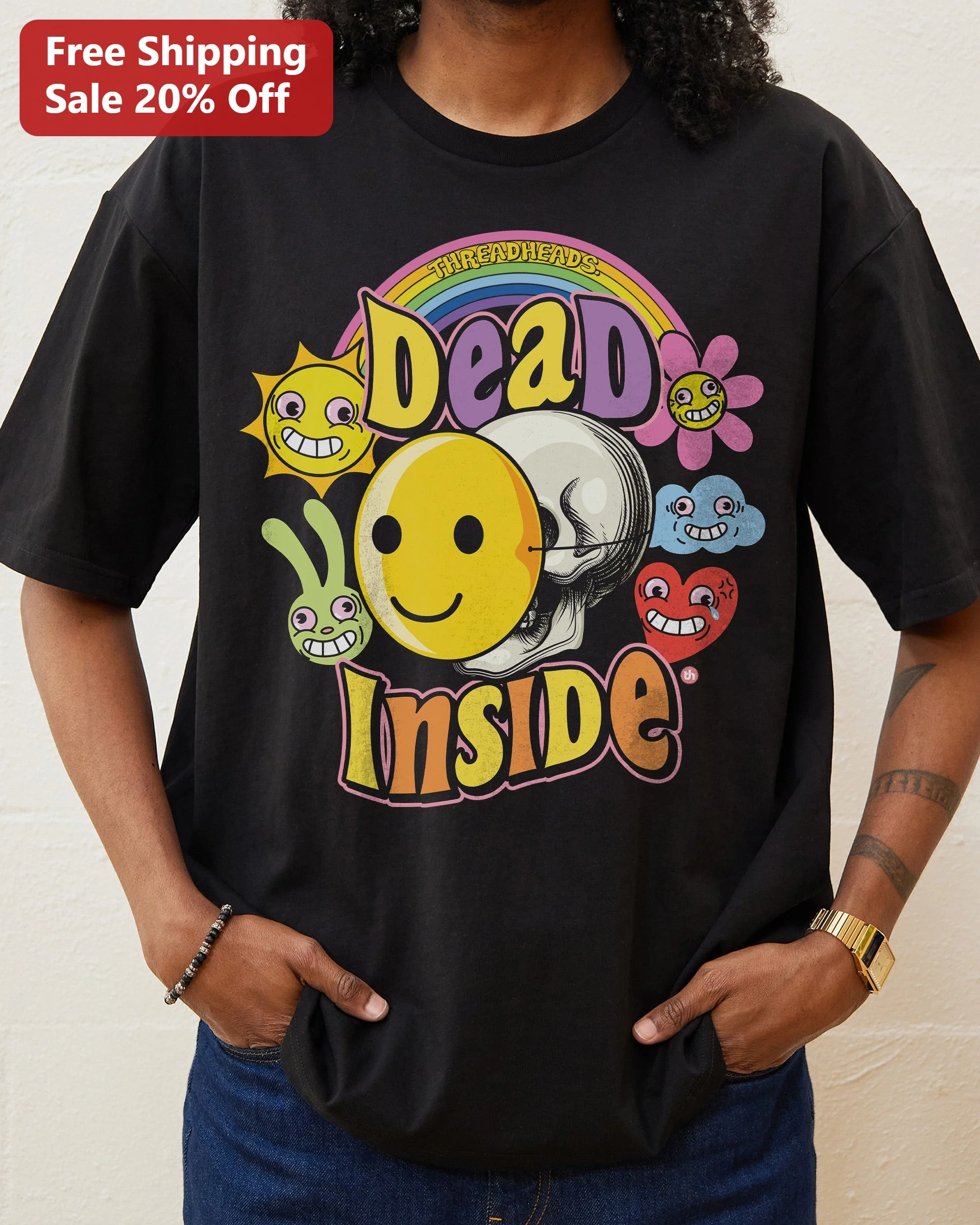 Dead Inside Tee Retro Skull Smiley Face Graphic T-Shirt Ironic Cute Core Y2K Aesthetic Gift for Men Women