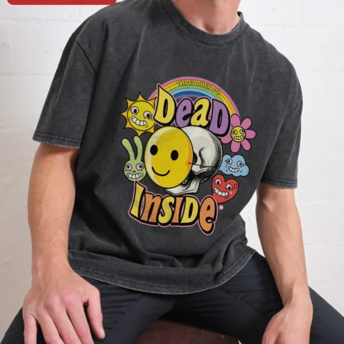 Dead Inside Tee Skull Smiley Face Acid Wash Graphic T-Shirt Unisex Dark Humor Streetwear