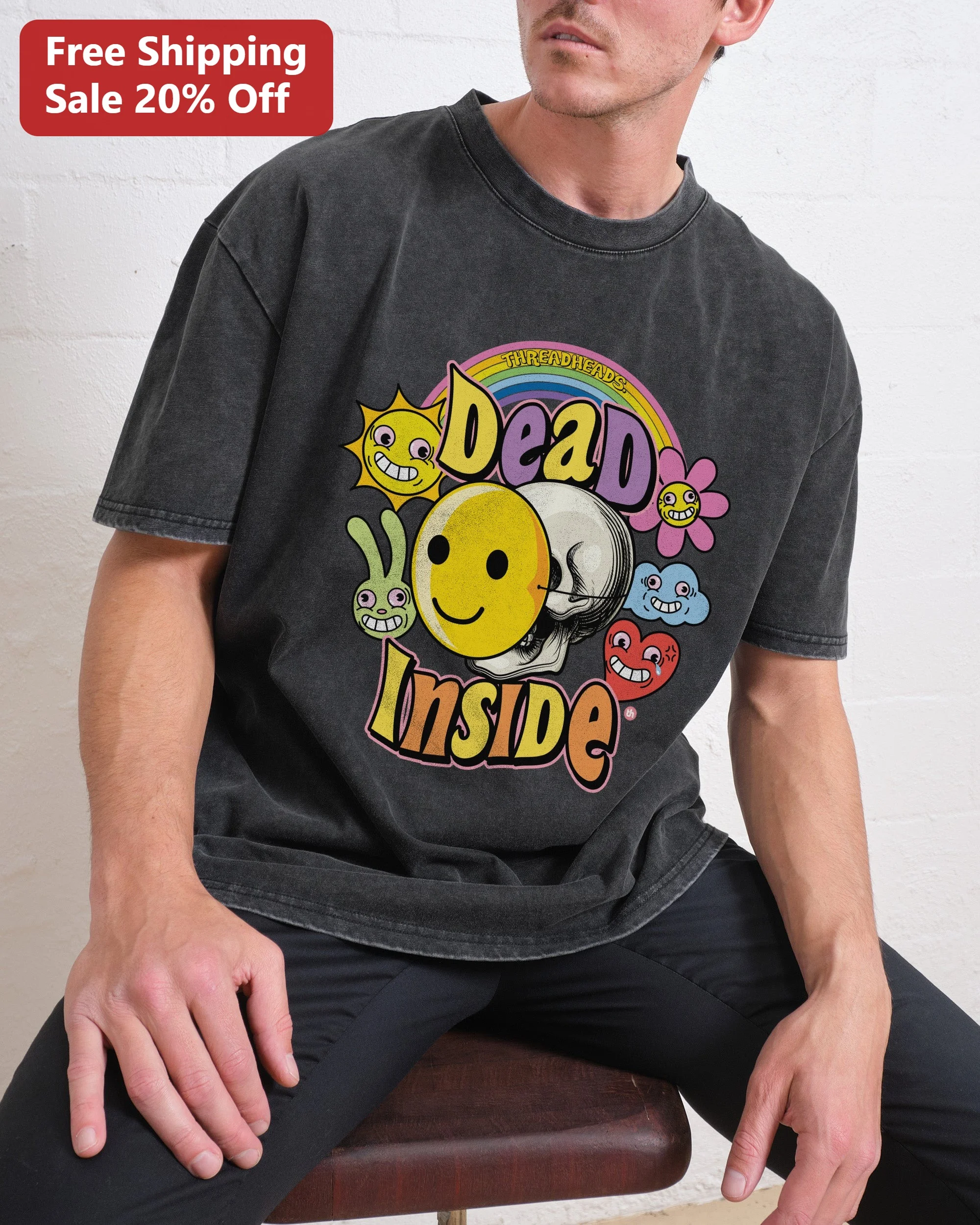 Dead Inside Tee Skull Smiley Face Acid Wash Graphic T-Shirt Unisex Dark Humor Streetwear