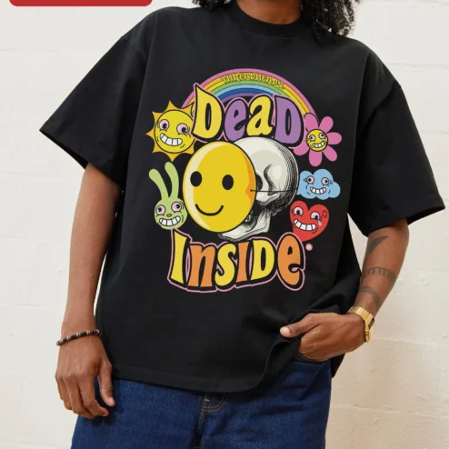 Dead Inside Tee Skull Smiley Face Ironic Cute Core Graphic T-Shirt for Men Women Gen Z