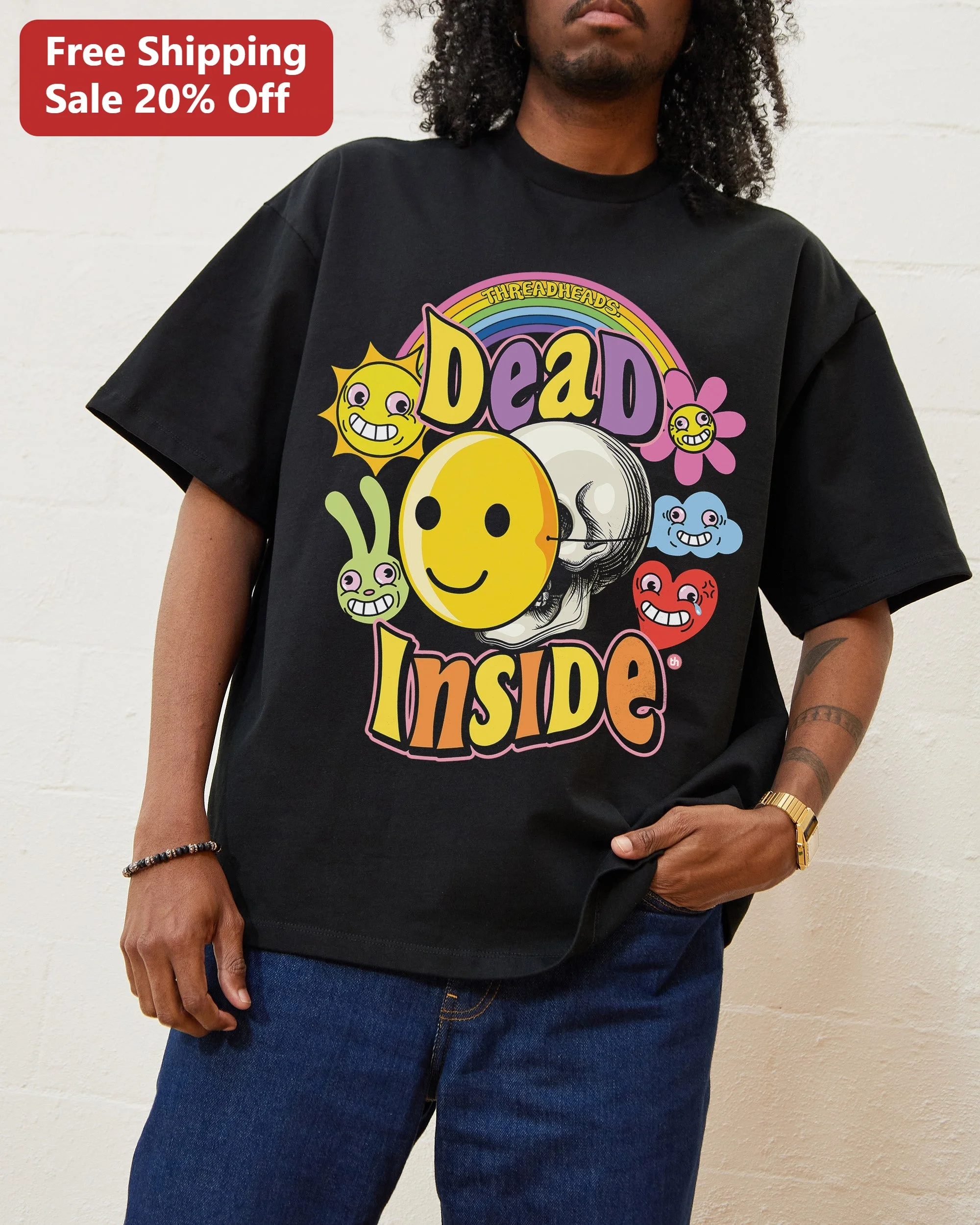 Dead Inside Tee Skull Smiley Face Ironic Cute Core Graphic T-Shirt for Men Women Gen Z