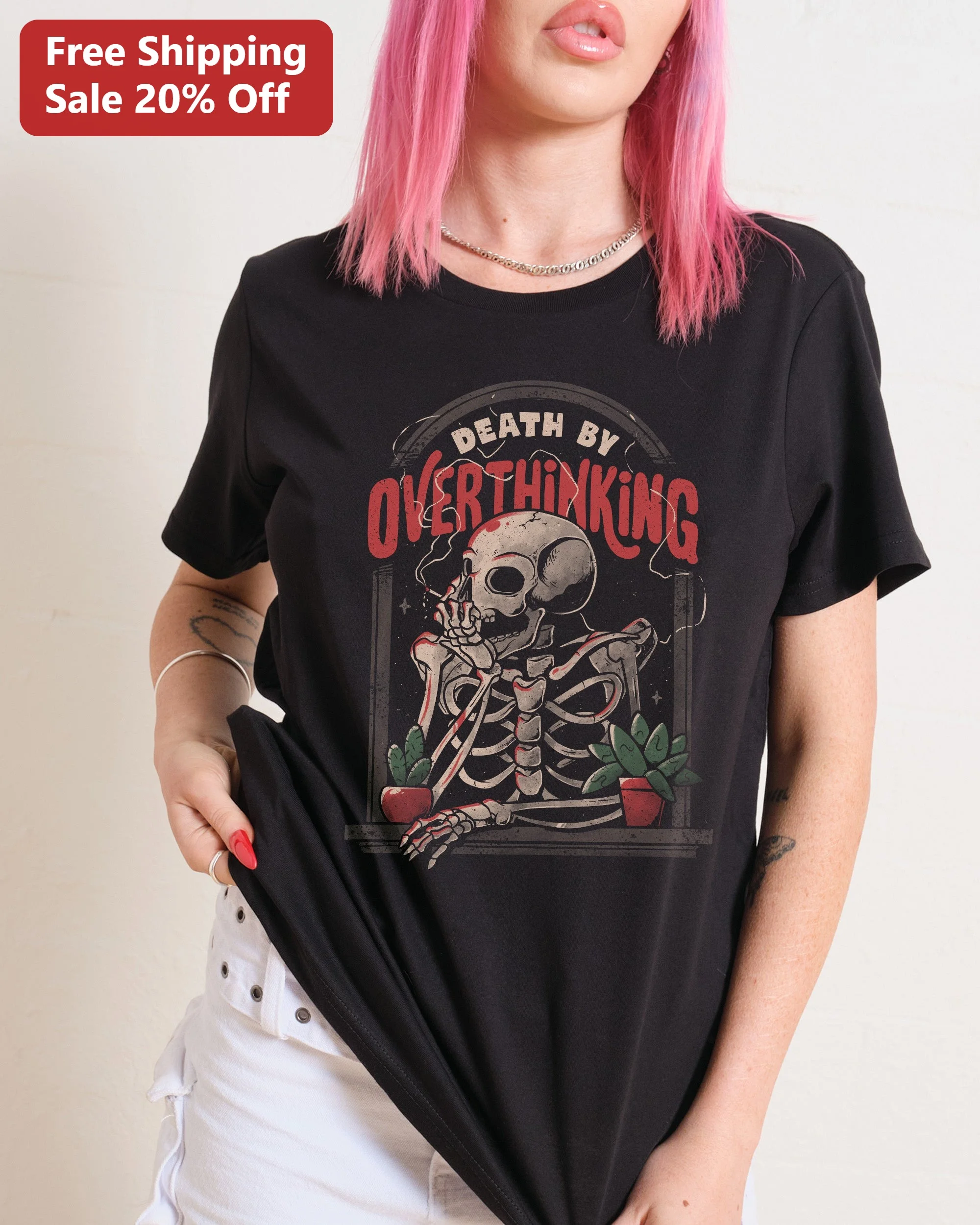 Death By Overthinking Tee Gothic Skeleton Graphic Shirt for Women Men Dark Humor Gift