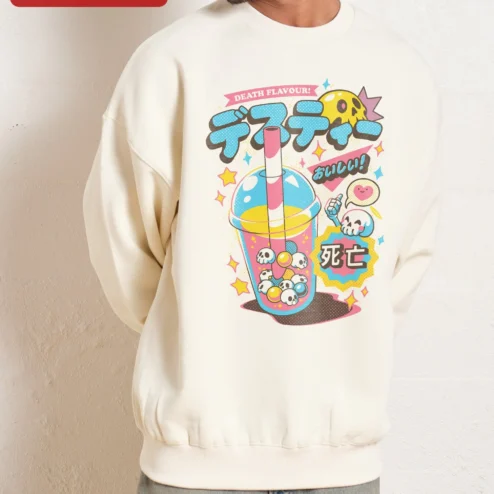 Death Flavour Desu Tea Skull Boba Sweatshirt Kawaii Goth Japanese Streetwear
