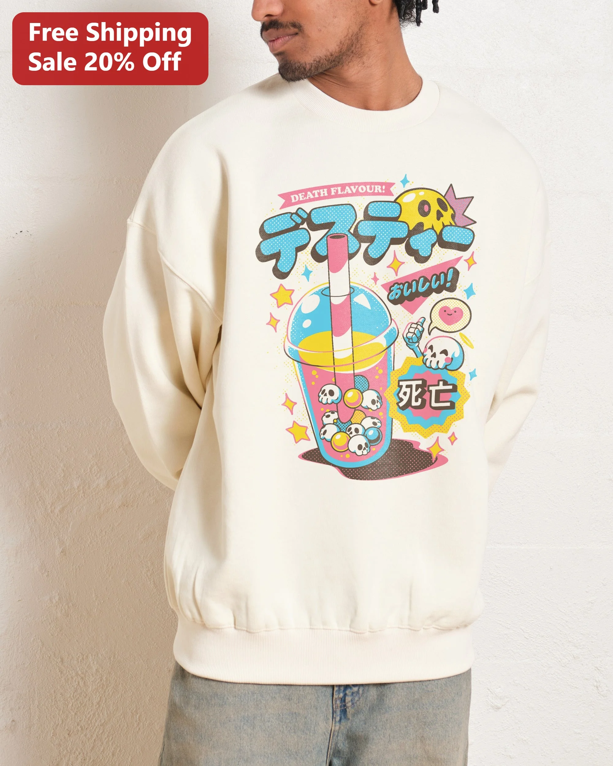 Death Flavour Desu Tea Skull Boba Sweatshirt Kawaii Goth Japanese Streetwear