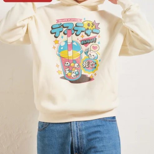 Death Flavour Hoodie Japanese Text Kawaii Skull Bubble Tea Graphic Streetwear Sweatshirt