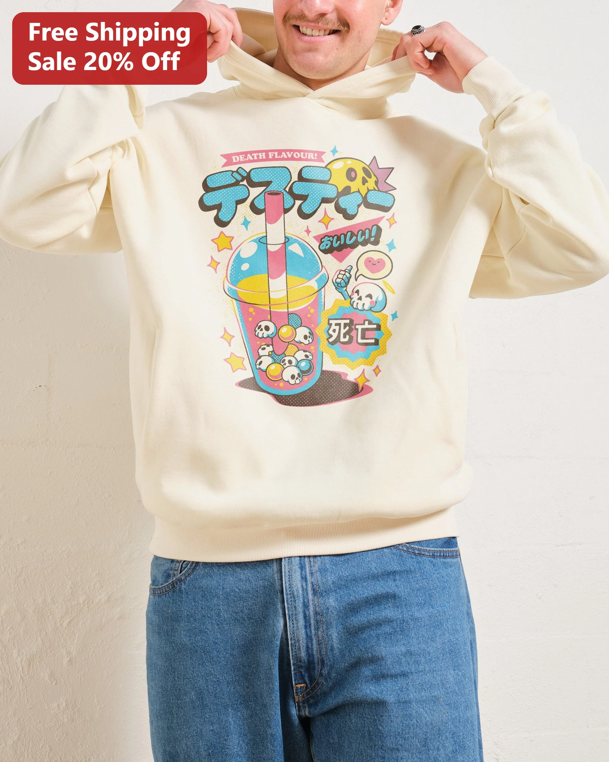 Death Flavour Hoodie Japanese Text Kawaii Skull Bubble Tea Graphic Streetwear Sweatshirt
