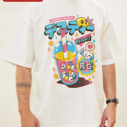 Death Flavour! Kawaii Bubble Tea Skull Graphic Tee Pastel Goth Anime Shirt