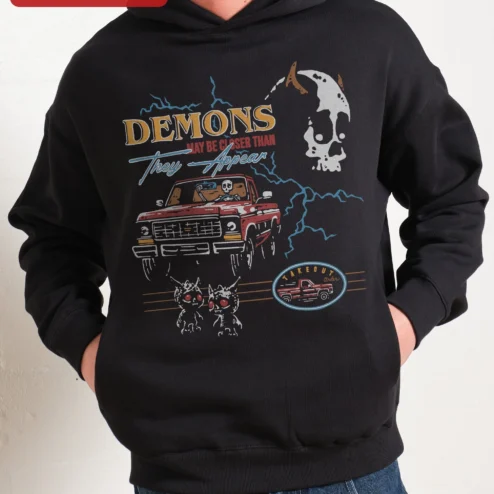 Demons May Be Closer Than They Appear Hoodie Skeleton Truck Vintage Horror Graphic Pullover