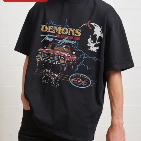 Demons May Be Closer Than They Appear Vintage Horror Skeleton Truck Graphic Tee