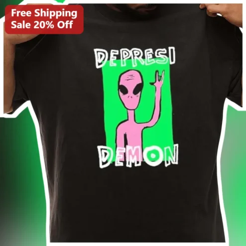 Depresi Demon Tee Funny Pink Alien Rock On Graphic Shirt for Men Women Weirdcore Meme Apparel