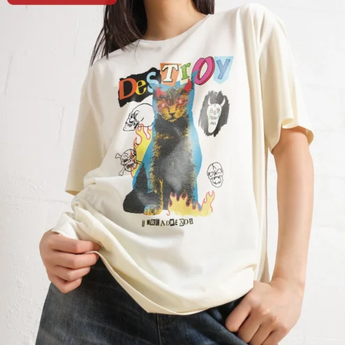 DESTROY Tee Devil Cat Graphic Streetwear Shirt for Punk Gothic Lovers on a hanger, ready to ship from Chicago, Illinois