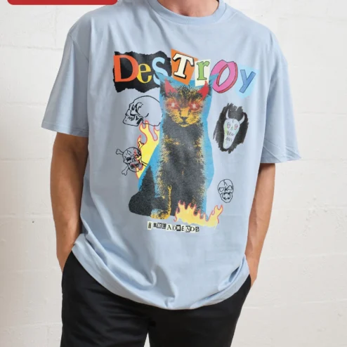 Customer in Chicago, Illinois wearing DESTROY Tee Devil Cat Graphic Streetwear Shirt for Punk Gothic Lovers