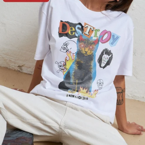 Close-up of DESTROY Tee Devil Cat Graphic Streetwear Shirt for Punk Gothic Lovers for streetwear fans in Chicago, Illinois