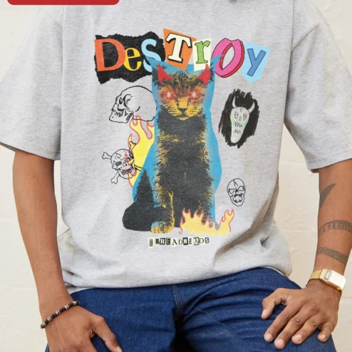 DESTROY Tee Devil Cat Graphic Streetwear Shirt for Punk Gothic Lovers
