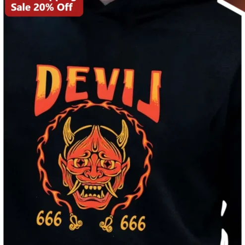 DEVIL Hoodie Gothic Oni Mask Flame Design Occult Streetwear Apparel