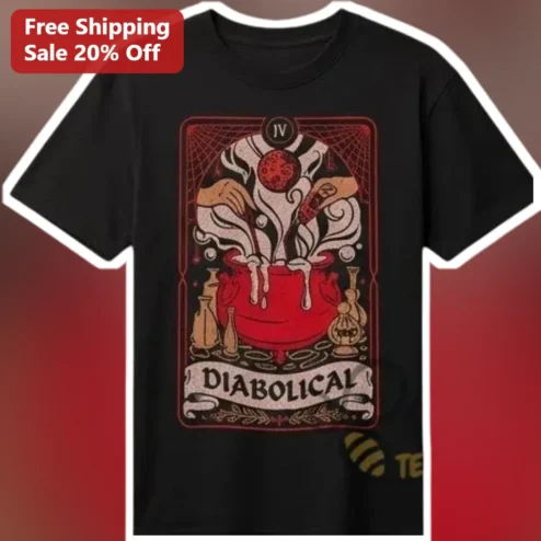 Diabolical Tee Vintage Occult Tarot Card Design Halloween Witchy Graphic Shirt for Women Men