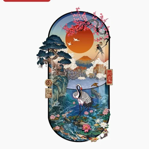 Digital Print Asian Landscape Art Mount Fuji Crane Lotus Zen Buddhist Decor on a hanger, ready to ship from Chicago, Illinois