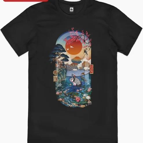 Customer in Chicago, Illinois wearing Digital Print Asian Landscape Art Mount Fuji Crane Lotus Zen Buddhist Decor