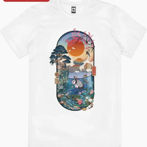 Close-up of Digital Print Asian Landscape Art Mount Fuji Crane Lotus Zen Buddhist Decor for streetwear fans in Chicago, Illinois